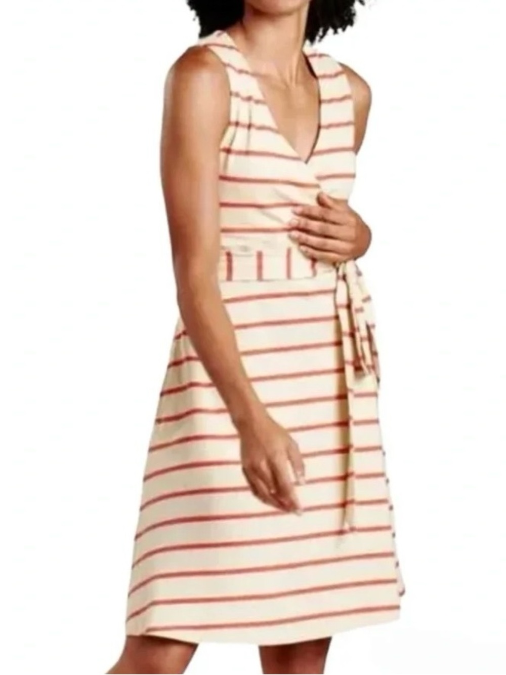 Toad&Co Organic Cotton Cue Faux Wrap Dress Sleeveless Cream Red Striped Pockets